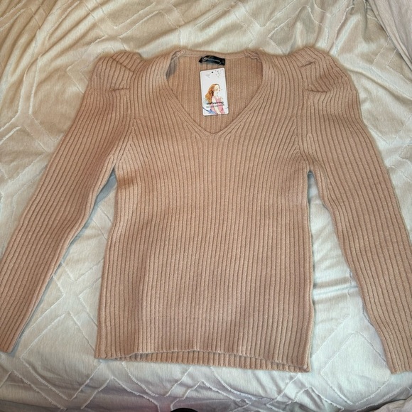 Pretty garden long sleeve V-neck rib, knit sweater, puff sleeves in large NWT - Picture 3 of 8
